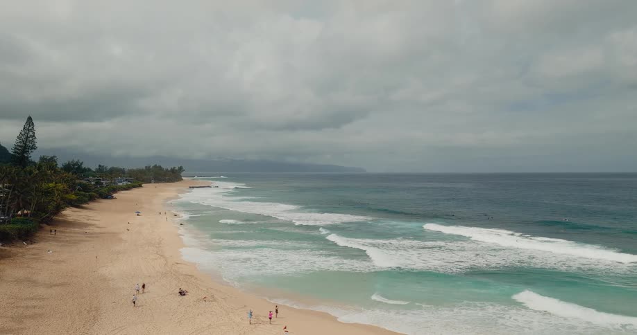 Aerial of a group of people having fun on the beach next to the ocean in daytime