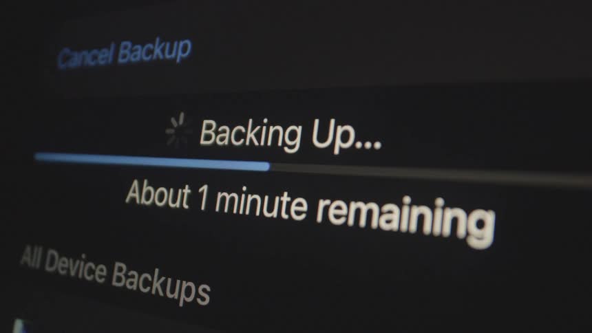 Screen displaying backup progress indicating one minute remaining