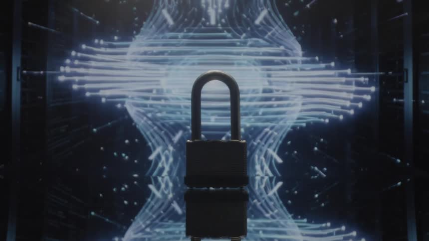 An animated display showing a padlock with a bright light shining in front of it