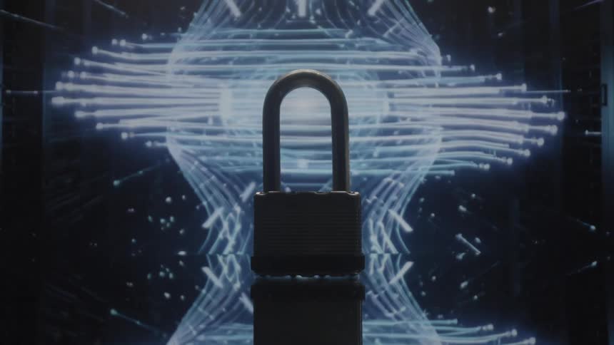 A black padlock is centered against a dark background with abstract blue glowing digital lines flowing outward and creating a tunnel effect