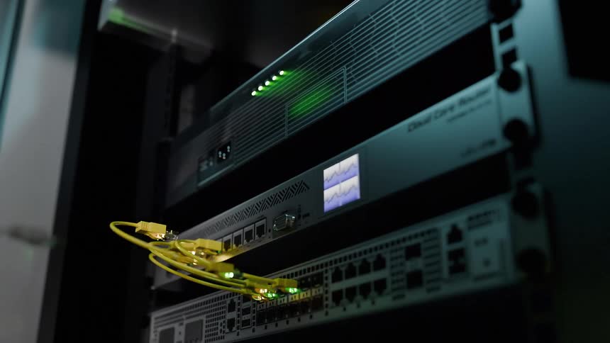 A close view of a yellow ethernet cable being plugged into a port on a dark server rack illuminating green and orange indicator lights