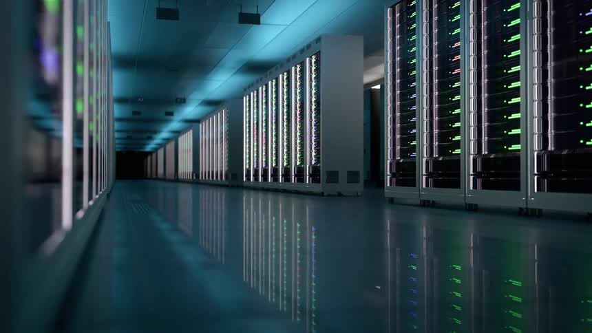 The first two videos show solar energy workers lifting and installing large panels outdoors on a sunny day emphasizing collaborative effort the final video transitions to an interior shot of a long aisle in a modern data center filled with glowing serve