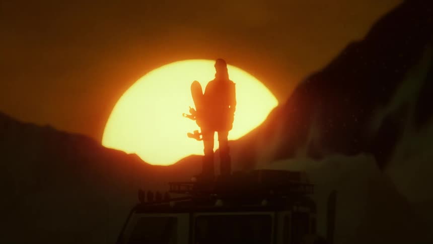 Silhouette of a woman with a snowboard against an epic mountain sunset, winter adventure shot with slow camera move.