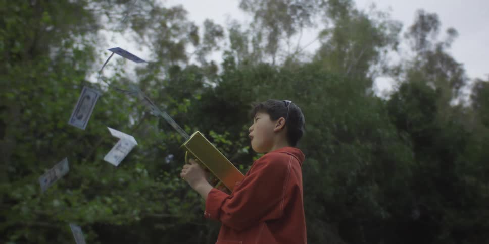 The video shows a young boy standing outdoors amidst trees and foliage on a cloudy day wearing a red jacket and what appears to be a gold chain he is holding a goldcolored toy gun that rapidly shoots dollar bills into the air as he looks around with an