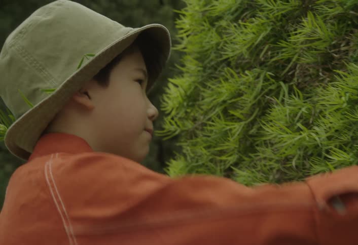 A little boy wearing a hat is using garden shears to cut pieces off a bush