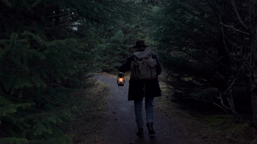 A lone hiker walks steadily down a dim forest path holding a vintage lantern that casts a soft warm glow on the trail while towering pine trees line the route in the fading light