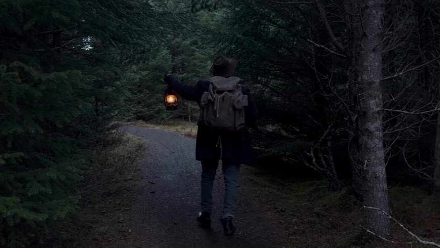 Person walking along a forest trail holding a lit lantern