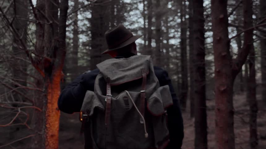 Hiker walks through the woods carrying a lantern