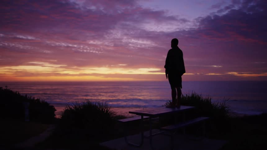 A silhouette of a person standing near the beach at sunset