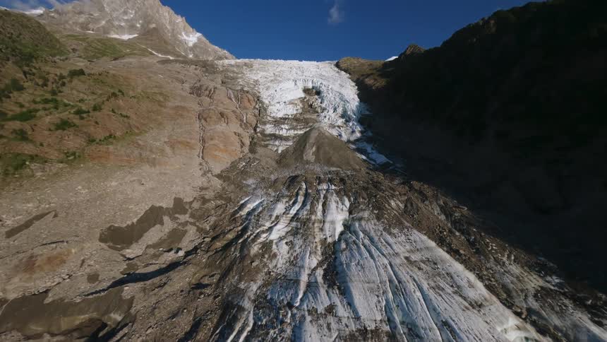 Retreating glacier between rocky slopes under a clear sky