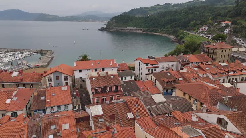 A residential neighborhood on the coastline features multiple buildings with red roofs and a distant mountain covered in green vegetation at midday