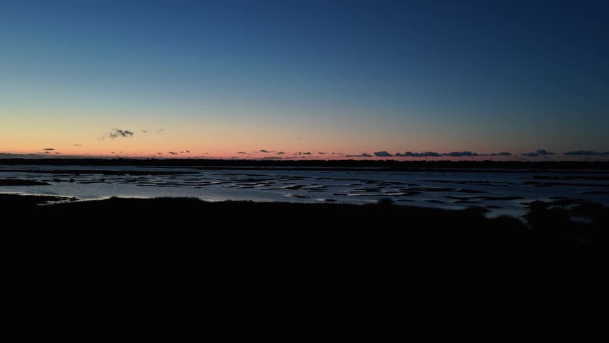 Gliding low over a silhouetted marsh at dawn the calm water ahead reflects the deep blue and soft orange glow of the early morning sky