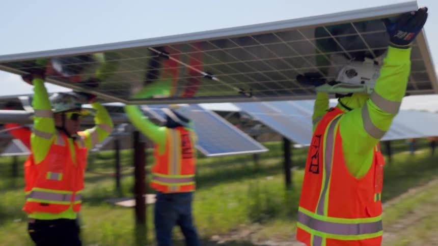 Male employees are carrying solar panels for placement in a solar farm