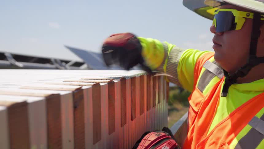 Worker inspects corrugated panel near solar field with visible safety gear