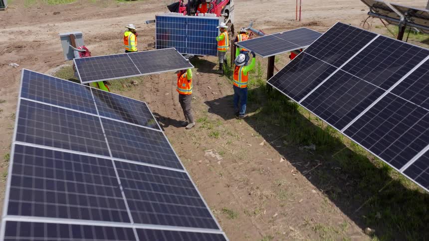 A group of utility workers set up solar panels in a solar farm on a sunny day