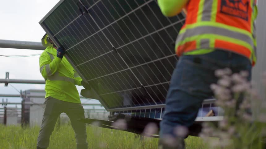 Workers picking up and carrying a solar panel outdoors during day time