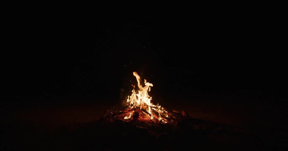 A closeup shot of a crackling campfire with bright orange flames consuming wooden logs in the center of the frame the fire is the sole source of illumination casting a warm glow and sending tiny sparks upwards into the surrounding pitchblack darkness