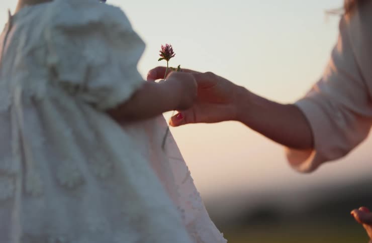 The girl hands a woman a flower