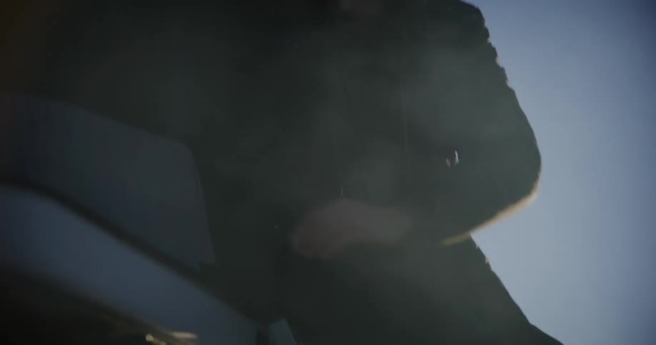 A bearded man in a hooded jacket climbs down a metal ladder attached to the side of a vehicle