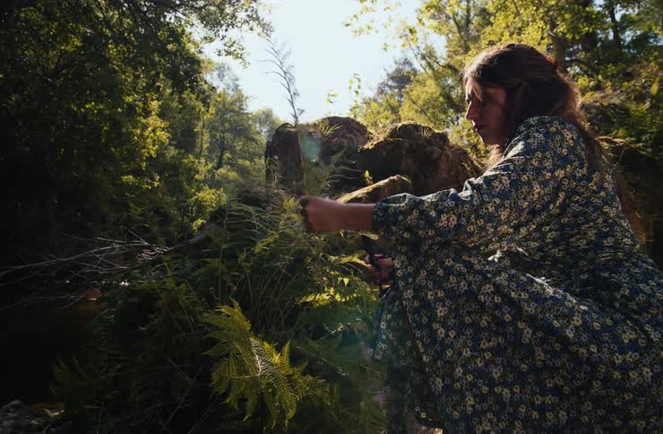 Woman using scissors to cut ferns in the woods