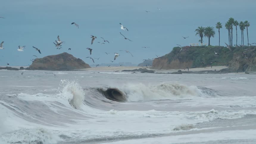 Strong waves breaking near the shore with seagulls flying and cliffs in the background