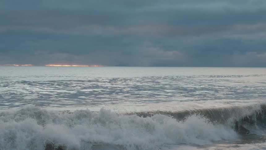 Waves splash and curl as they roll in to shore and a seagull flies over the water