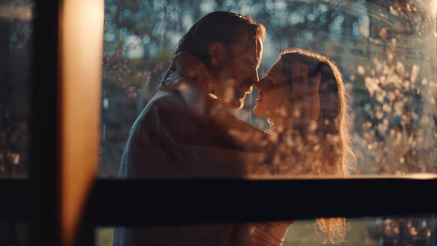 A man and woman kissing each other outdoors through a window