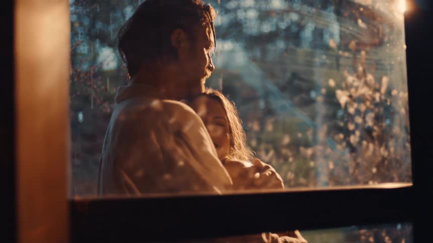 Couple hugging near a wet window with exterior light reflecting on the glass
