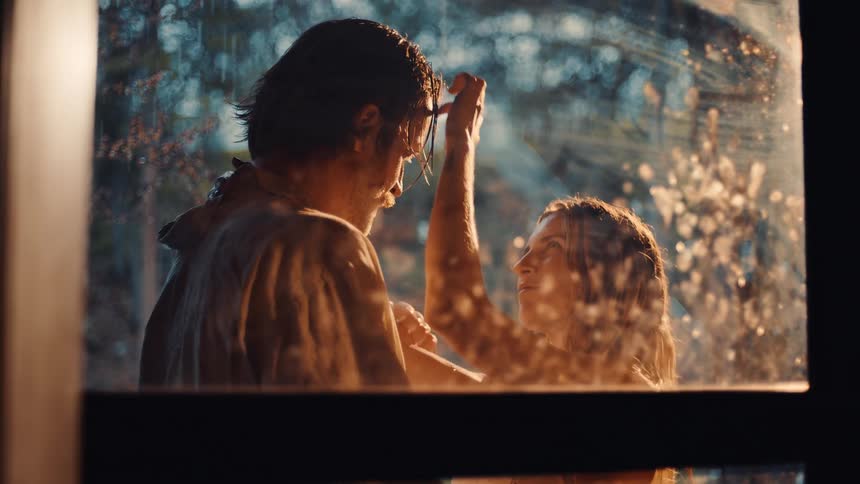 The man and woman touch each others faces at the door outside