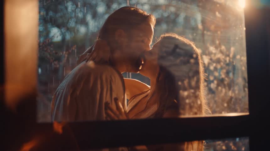 A couple stand outdoors beside a glass window hugging and kissing as rain drips from the roof with sunlight streaming down from the sky