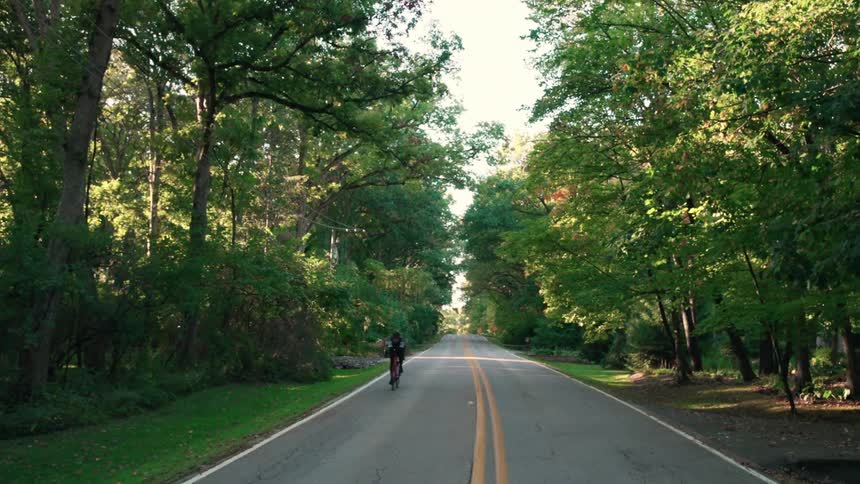 A cyclist pedals steadily along the opposite lane of a quiet treelined road as the camera moves forward through the dappled afternoon sunlight