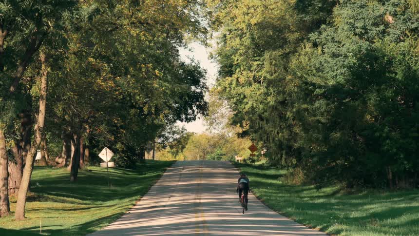 A cyclist pedals down a narrow asphalt road framed by dense green trees and sundrenched grassy shouldersthe road ascends gently toward a bright open horizon suggesting a peaceful rural setting