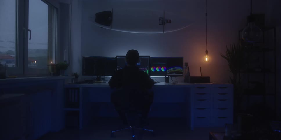 Person sitting in front of multiple monitors working in a dimly lit room