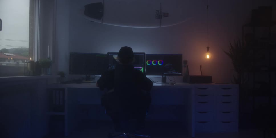 Professional performs color grading at multimonitor workstation in modern dimly lit setting