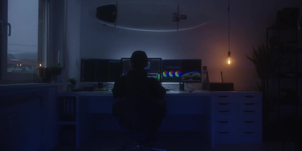 Person works at workstation with multiple monitors displaying editing software in room lit by hanging bulb
