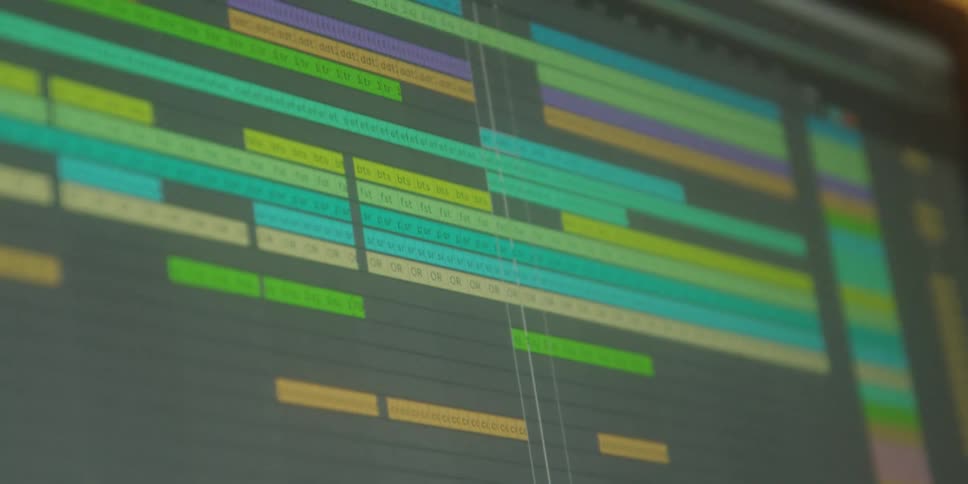 Audio editing software screen displaying multiple colored tracks in a timeline