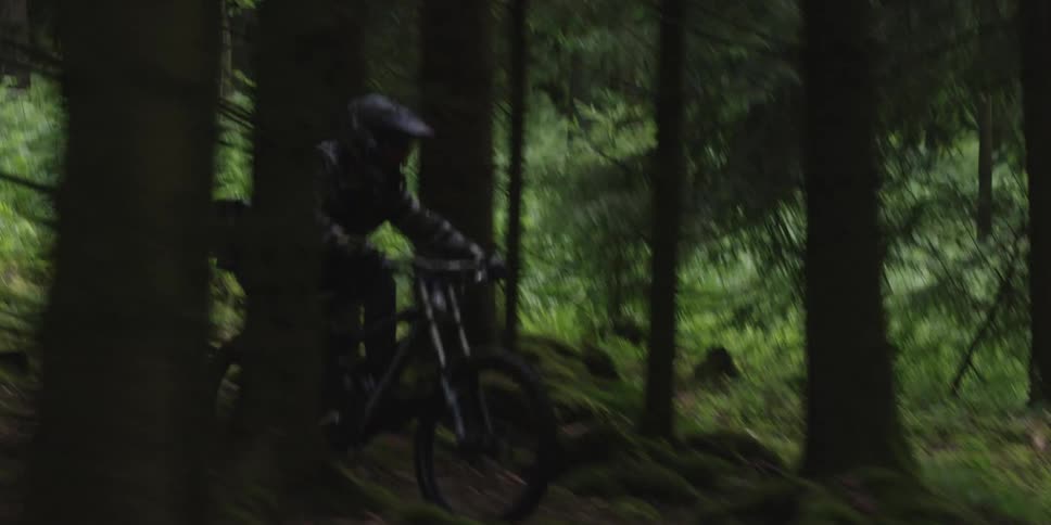 A person riding a mountain bike is racing through a dense forest path during the day