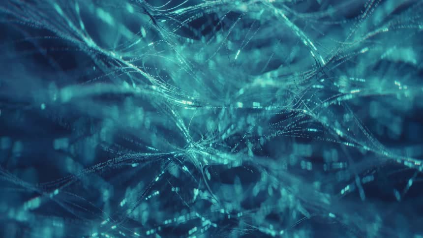 Intertwined strands glow in bluish tones simulating abstract network