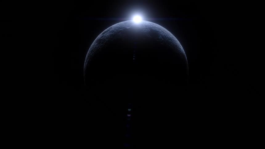 Celestial body with illuminated edge positioned in front of the sun in space scene surrounded by darkness