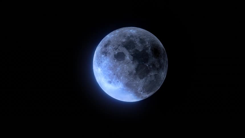 Bluish full moon reveals craters against deep night sky