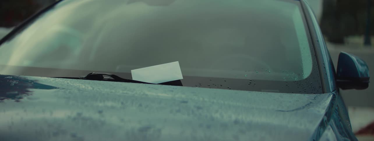 Close up of a note placed under the windscreen wiper of a vehicle parked outdoors during daytime