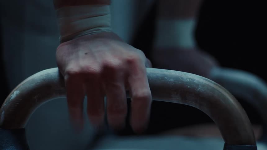 Gymnasts hand gripping the pommel horse handle during a move