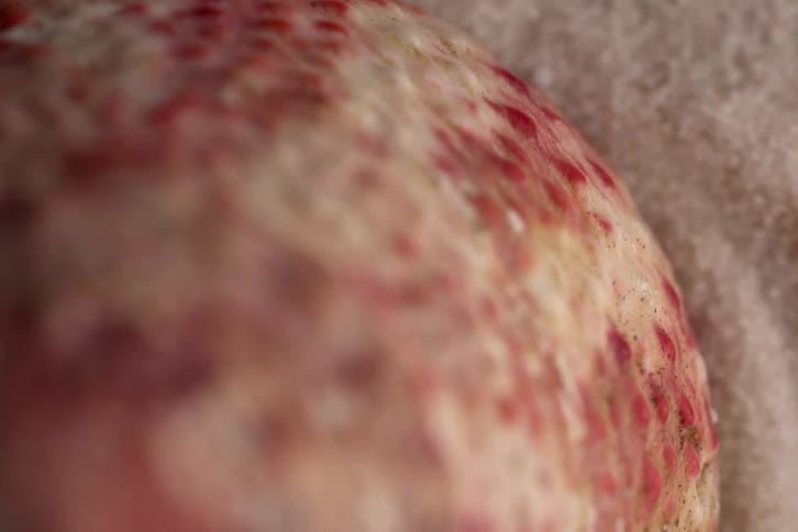 Red contrasts with the base color of a textured spherical object sitting on a slightly fuzzy fabric