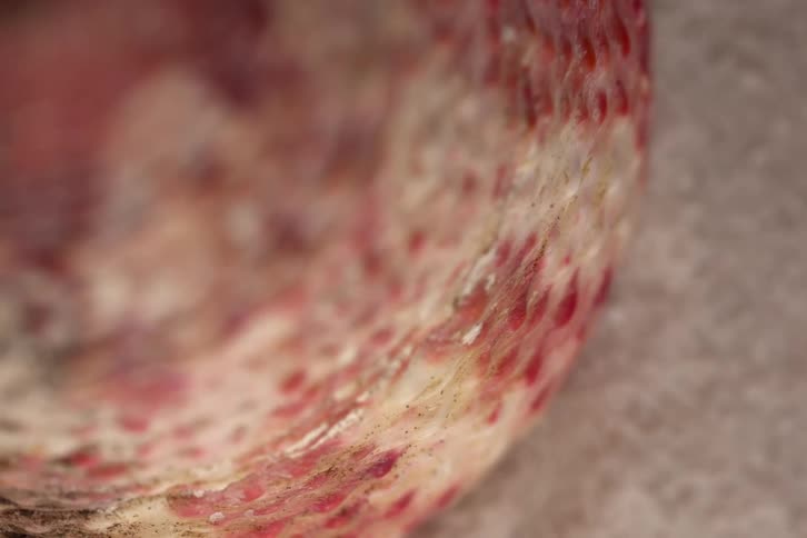 This is a closeup macro video showing the texture of what appears to be organic material possibly dried meat or fish scales with speckled red and offwhite coloring the focus is very shallow highlighting the pitted uneven surface and the fine parti