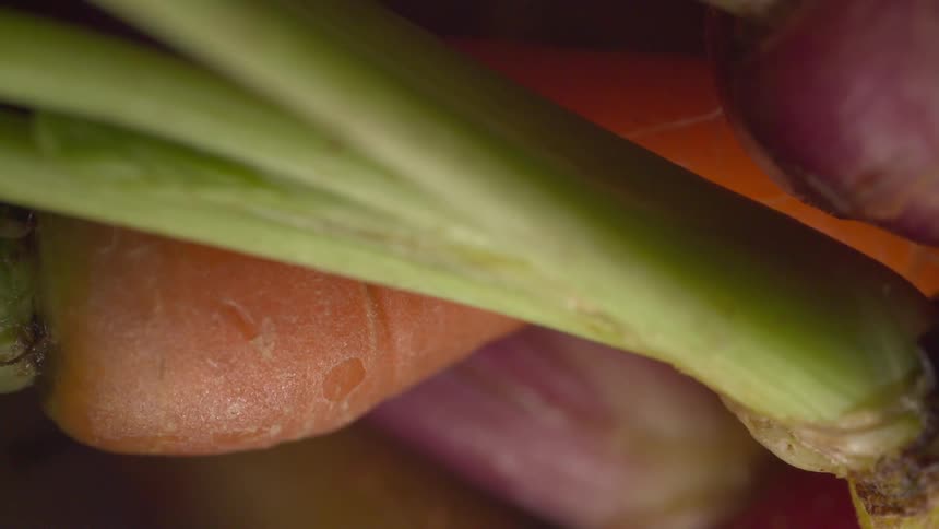 Vegetables are rotating together in a bunch