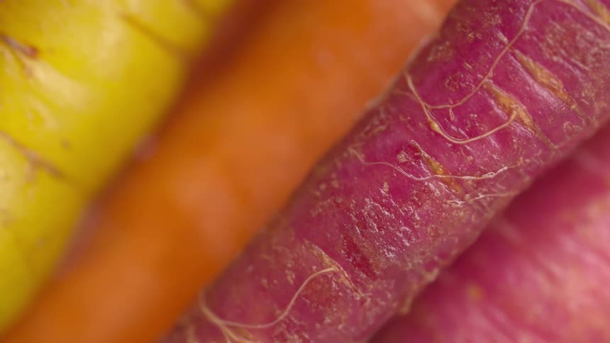 Carrots of different colors lie in a pile