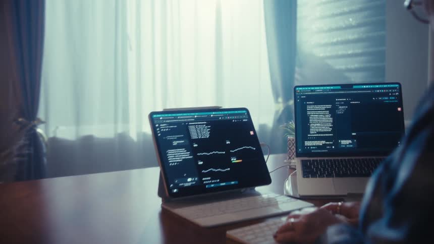 Woman sitting at a table with laptop computers as she types on a keyboard