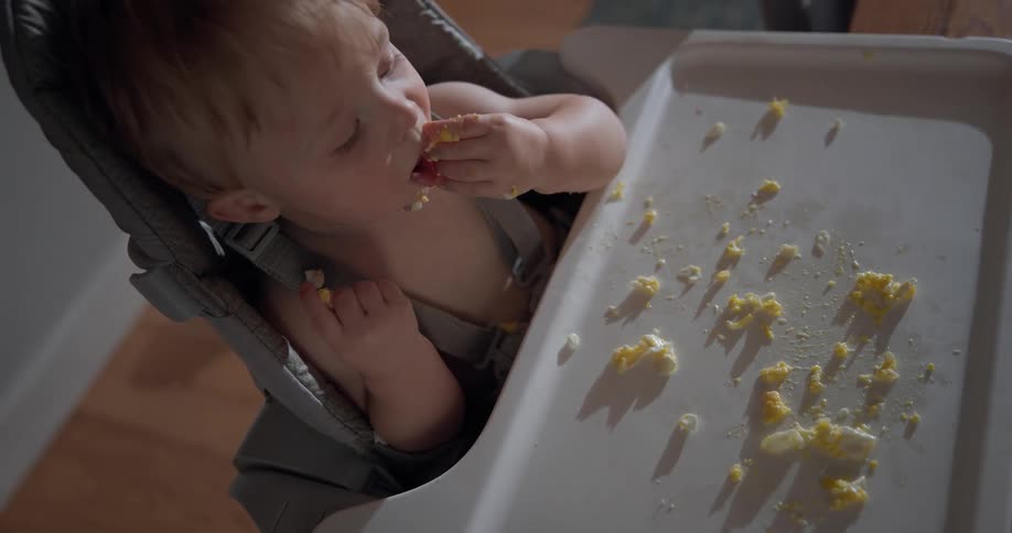 Baby seated in a high chair eats food with hands over the tray