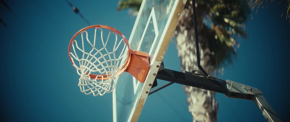 A basketball drops through the net of an outdoor hoop against a sunny blue sky and a palm tree