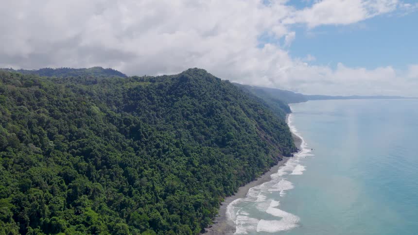 Mountains covered with trees are on the island